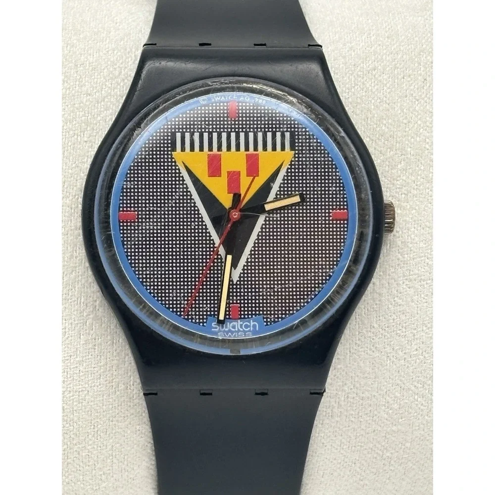 Vintage Swatch Lancelot Mens Watch 34mm Black Case GB110 Swiss New Battery